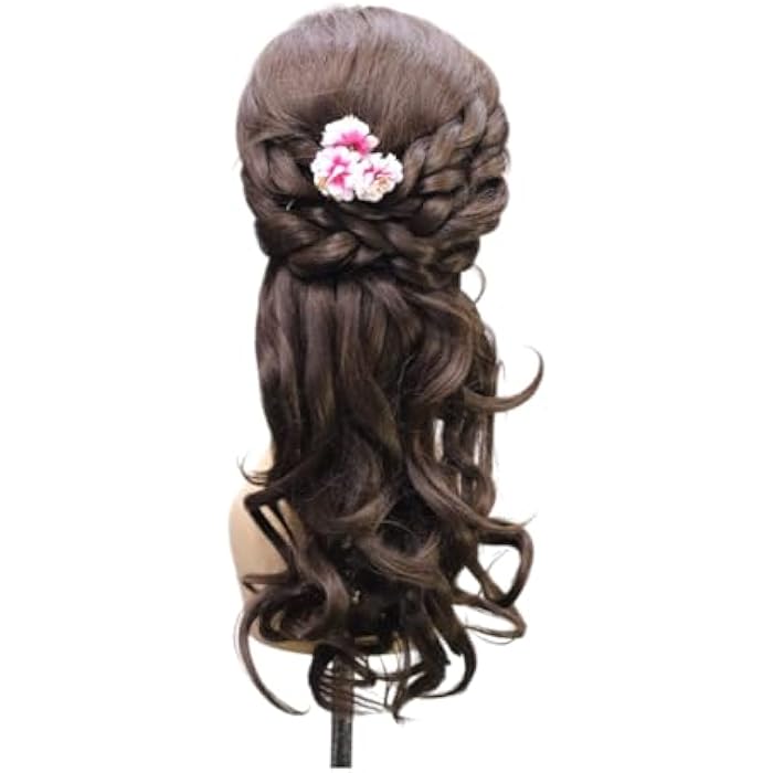 DILLARDS Synthetic Hair Wig with Braided Crown Design, Dark Brown Curly Long Style, Floral Accent, Headband Included - Image 2